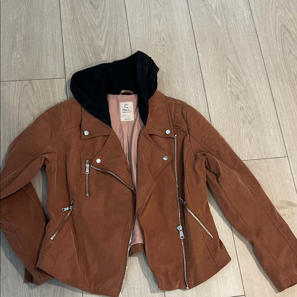 We The Free Free People Tan Leather Jacket with Black Hood